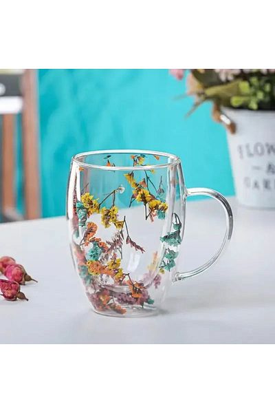 FETHİYE TOPTAN Dried Flower Mug Cocoon Gift Double Glass Stylish Durable Coffee Outdoor Shooting Cafe Cup 250ml