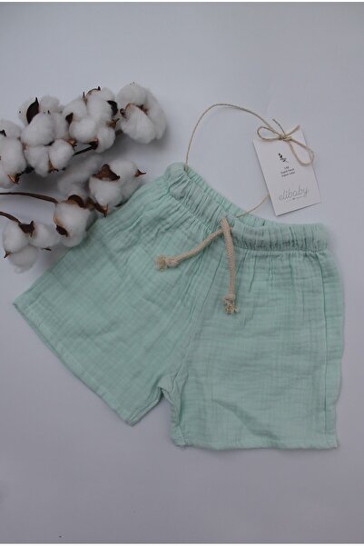 elibaby %100 Pamuk Müslin Bebek Şort Çocuk Şort Beli Lastikli Mint Yeşili