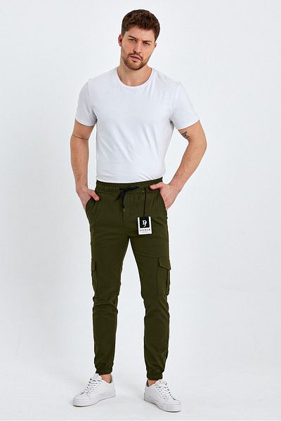 wamoss Khaki Green Slim Fit Cargo Pants - Elastic Waist and Leg, Cargo Pocket, 2025 Yk1
