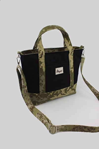 İLKYAZ Чорна сумка через плече з камуфляжним візерунком - джинсова тканина, невеликий розмір, 29x22x11 см