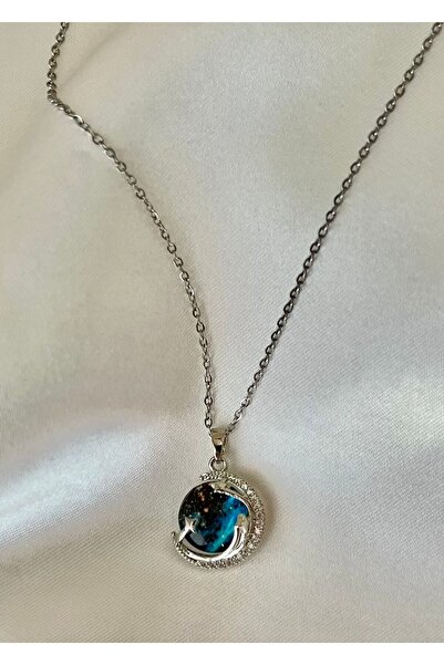 Çelik Zirkon Taşlı Pinterest Gümüş Gezegen Kolye