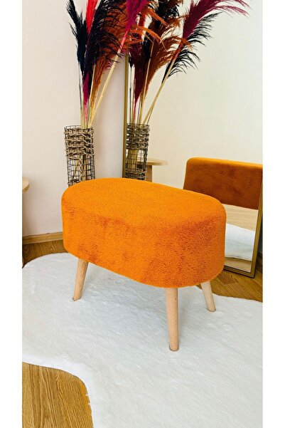 Bounteous Oval Model Ahşap Ayaklı Teddy Kumaş Dekoratif Puf Bench