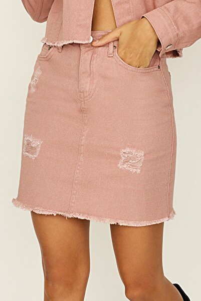 Select Moda Fusta de damă roz ruptă cu detalii mini denim