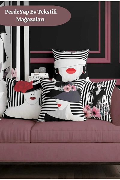PerdeYap1980 Women And Flowers Patterned 4-Piece Digital Printed Throw Pillow Cover 001