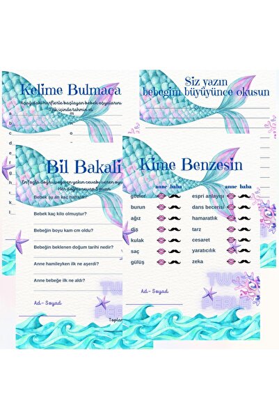 TWO PERLA Deniz Kızı Temalı Baby Shower Oyun Kartları 32 Adet 8 Kişilik