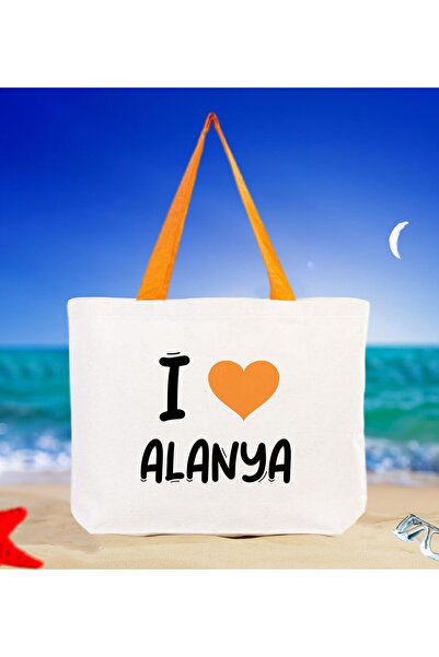 Bk Gift حقيبة شاطئ من القماش ذات مقبض برتقالي اللون من I Love Alanya مقاس 48x...