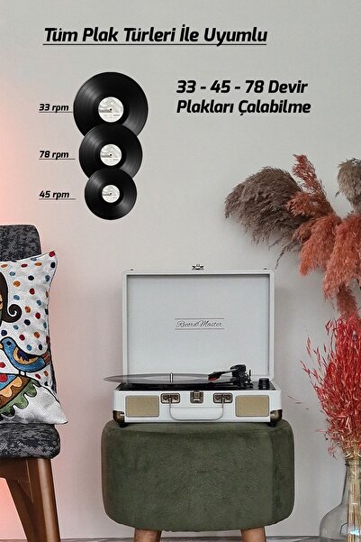 Record Master St14012 Retro Pikap Plak Çalar- Kum Beyazı - Bluetooth Ve Şarjlı - 3 Devir - Universal Iğneli