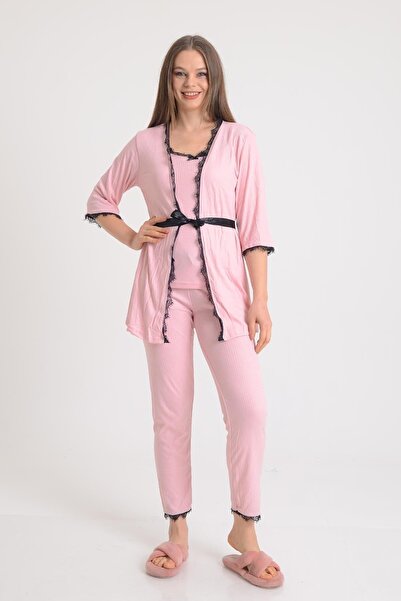 PİNKMARK Kadın Pudra Dantel Detaylı 3 Lü Pijama Takımı Pmtk25590