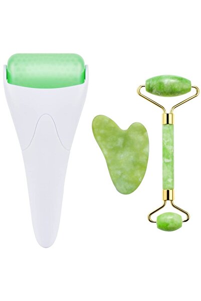 Welta Yeşim Roller ve Gua Sha Seti Ve Ice Roller Buz Rulosu Yüz Soğutma Masaj Rulosu Beyaz