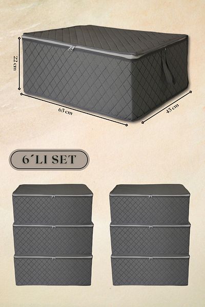 ADARYA HOME Anthracite Quilted Patterned 6 Pieces Large Size Storage Bag - 65x45x22cm