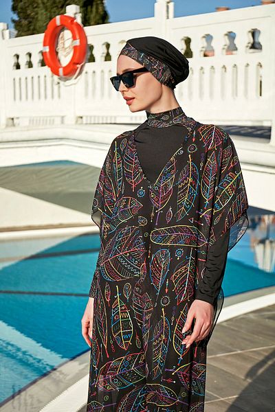 Remsa Mayo Remsa Pattern Single Kaftan Pareo on Hijab Swimsuit Colorful Leaf Theme 430-303 Zeynep
