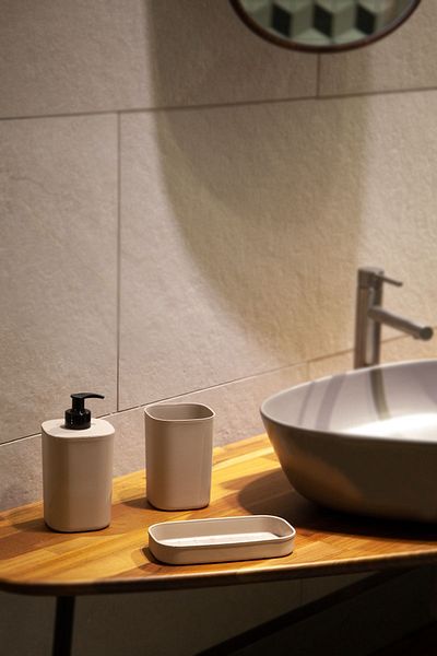 Ecolux CREATİVE 3 PIECE BATHROOM SET - LIQUID SOAP DISPENSER - TOOTHBRUSH HOLDER - SPONGE HOLDER WITH STAND BEIGE