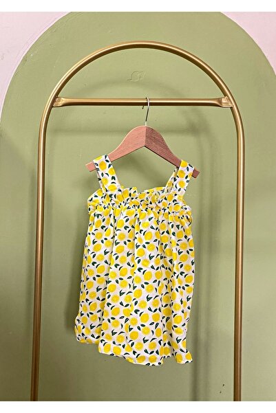 HELEN KİDS Kız Bebek Askılı Limon Desenli Beyaz Elbise