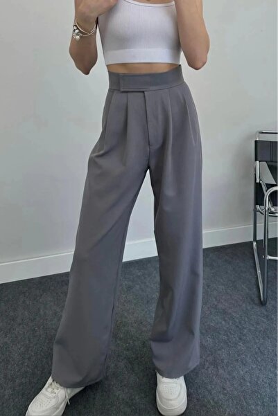 Genel Markalar Kadın Yüksek Bel Cırtlı Beli Yüksek Bel Ayarlanabilir Bel Palazzo Pantolon Gri Füme