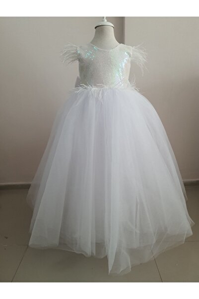 Kidstore Kız Çocuk Beli ve Omuzları Tüylü Ada Elbisesi