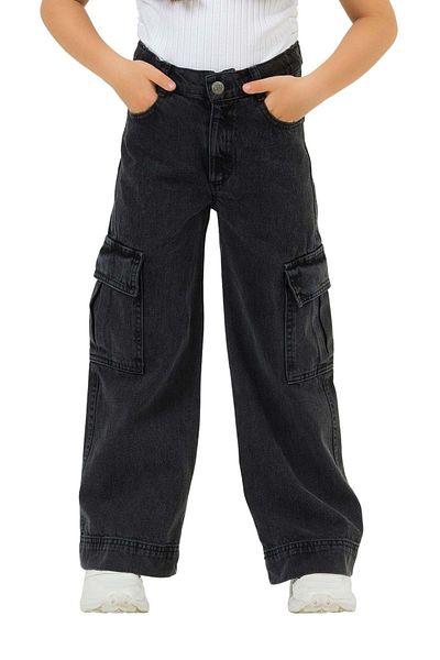 Hopi Kids Adjustable Cargo Pocket and Waisted Wide Leg Girl's Jeans - Smoked - Age 5-6