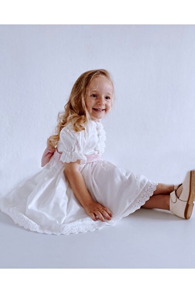 Şirin Şeyler Butiği Diana mânecă scurtă Fundita Roz Fete Rochie Albă Elegantă Rochie Scallop Rochie Scalloped