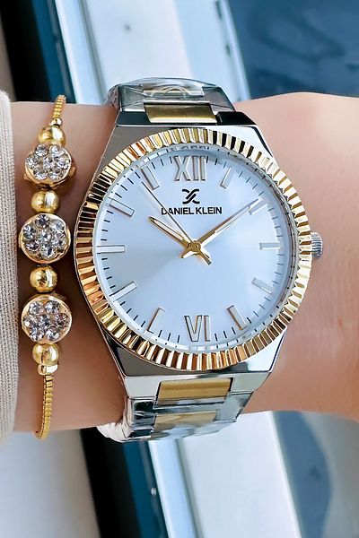 Daniel Klein Gold Silver Colored 3 Atm Waterproof Women's Wristwatch - Steel Cord Bracelet Gift DKBY2018C2