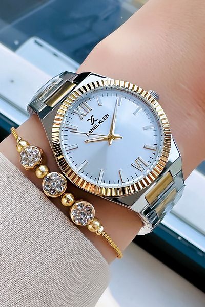 Daniel Klein Gold Silver Colored 3 Atm Waterproof Women's Wristwatch - Steel Cord Bracelet Gift DKBY2018C2