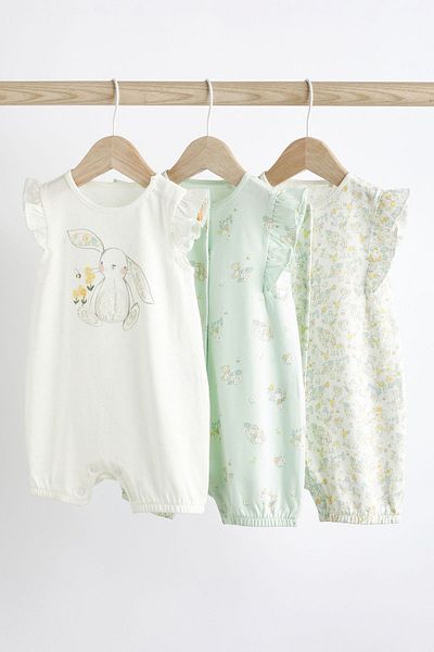Next Baby 100% Cotton Green White Rabbit Patterned 3-Piece Romper Set