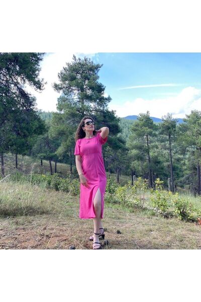 KAMER Sırtı Lastikli Pembe Yırtmaçlı Elbise