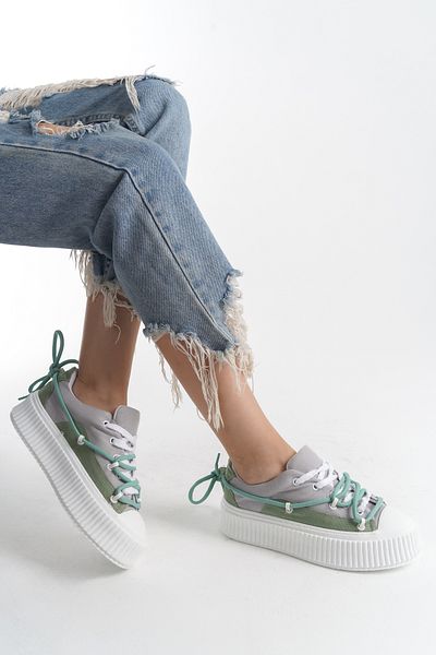 SEEM & BE Pantofi de damă Rory Fabric - dantelă dublă, gri-verde, pantofi sport casual