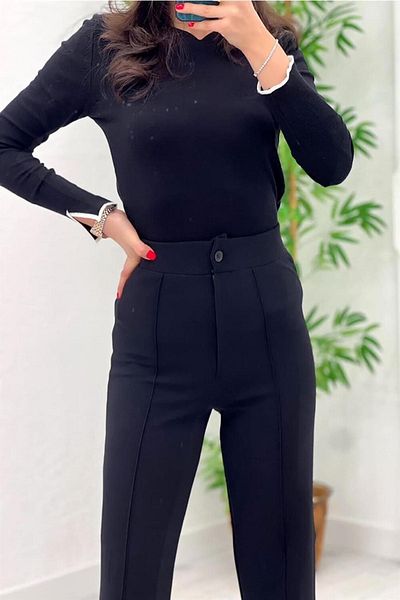 GRİLAND Women's Black High Waist Ribbed Stitched Gathering Palazzo Pants