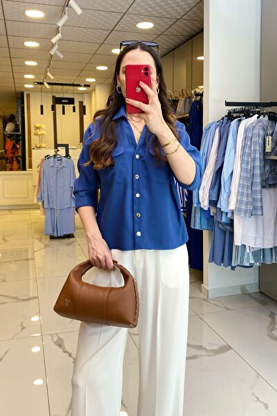 Vosse Mi İndigo Düğmeli Cep Detaylı Yarım Kollu Gömlek