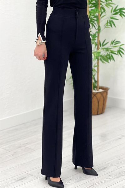 GRİLAND Women's Black High Waist Ribbed Stitched Gathering Palazzo Pants