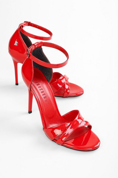Shoeberry Elza Red Patent Leather Banded Women's Heeled Shoes