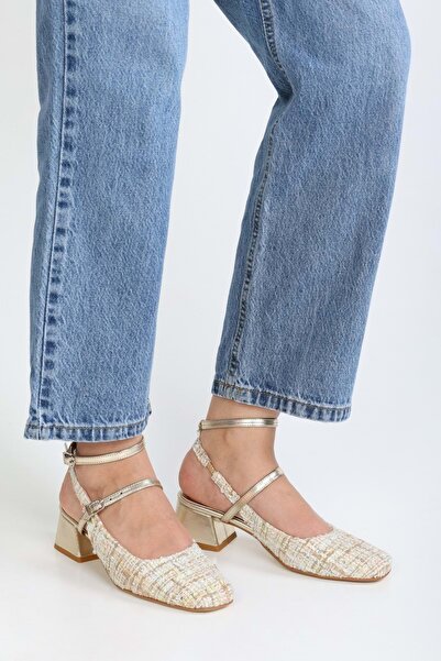 Shoeberry Idean Gold - Wicker Double Belted Women's Heeled Shoes