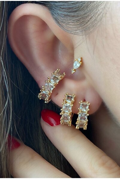 Pinery Jewels Vıp Seri Kare Baget Full Taşlı Kıkırdak Küpe ( Earcuff )