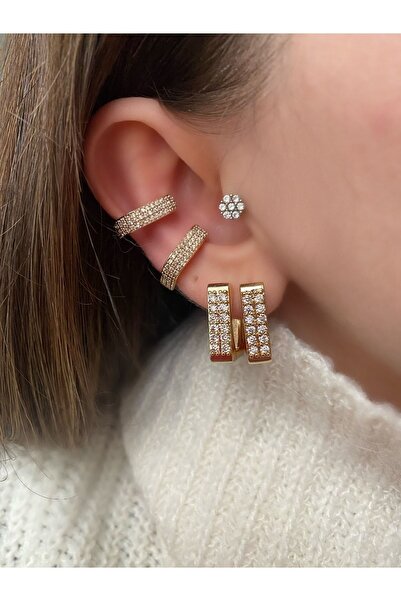 Pinery Jewels Vıp Seri - Kare Zirkon Taşlı Kıkırdak Küpe Earcuff