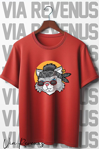 Vordevia تي شيرت أحمر كبير الحجم برقبة دائرية وطبعة قطة