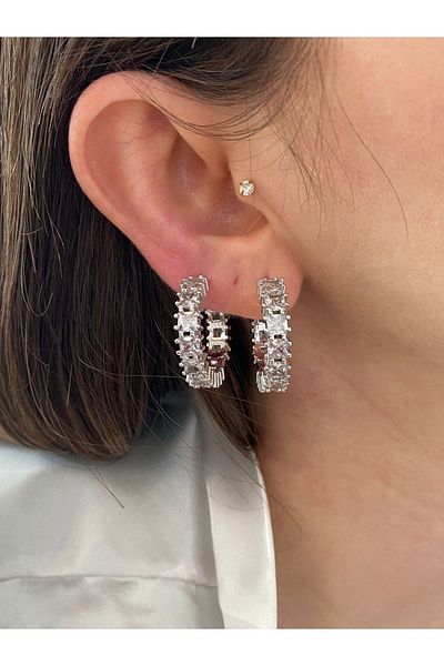 Pinery Jewels Vip Series - Midi Size Serial Row Baguette Square Stone Ring Brass Plated Earrings