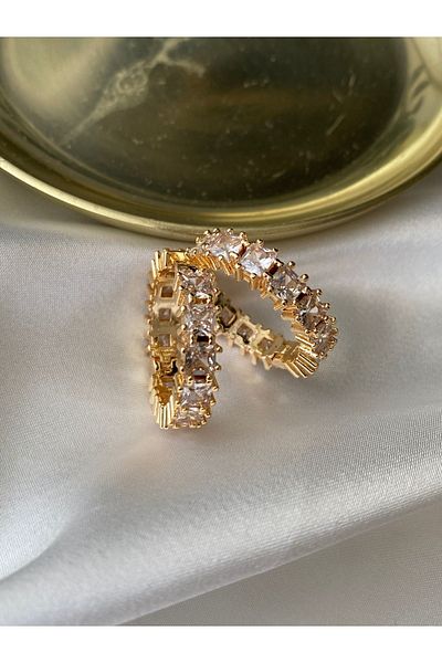 Pinery Jewels Vip Series - Midi Size Serial Row Baguette Square Stone Ring Brass Plated Earrings