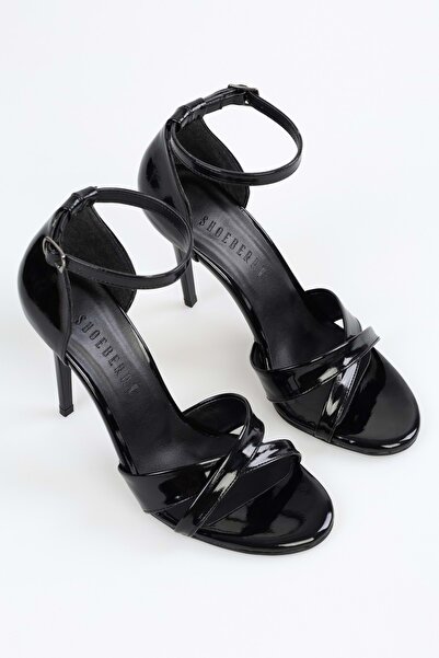 Shoeberry Elza Black Patent Leather Banded Women's Heeled Shoes