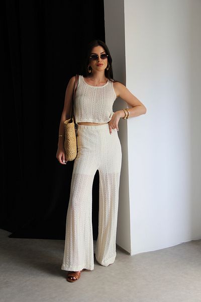 Julishop White Lace Julidress Premium Cotton Set - Openwork Lined Blouse and Pants Set