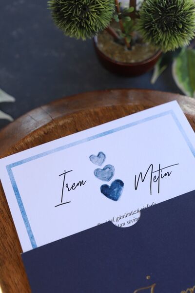 Pixel Davetiye 50 Adet Davetiye - Lacivert Düğün Davetiye Altın Yaldız - Düğün-nişan-kına Sünnet Davetiyesi-4102