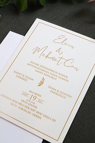 Pixel Davetiye Beyaz 50 Adet Davetiye Dikdörtgen Yaldızlı Model - 2025 Yeni - Düğün - Nişan - Kına Davetiyesi-5030