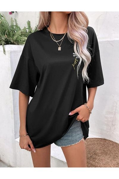 EFFRENATU Large Size Shiny Flower Printed T-Shirt