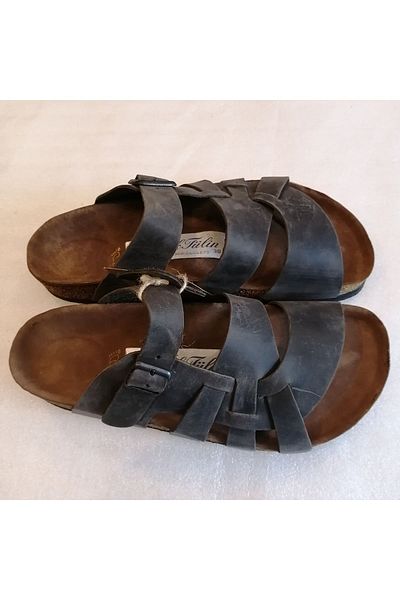 Butik Tülin Anthracite Unisex Genuine Calf Leather Burning - Three-Striped Bronze Buckle Artificial Cork Eva Sole Slippers