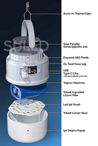 SULED Kamp Lambası Solar Şarjlı El Feneri USB Type-C Şarj Çıkışlı Power Bank Özellikli Lithium 30W Askılı