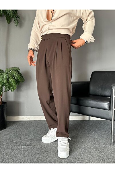THEMANN Baggy Beli Tokalı Kahve Pamuk Pantolon