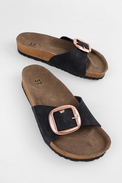 Shoeberry Γυναικείες Παντόφλες Μαύρες Suede - Χοντρή σόλα και ζώνη