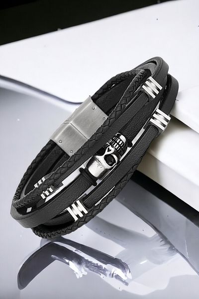 Daniel Klein Men's Bracelet - Genuine Leather, Stainless Steel Detail, Black Magnet Clasp, DKEBLK2006C2