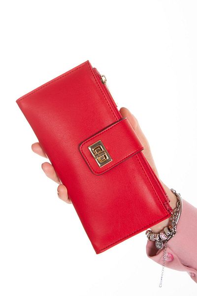 Newish Polo Women's Red Vegan Leather Wallet with Phone Compartment, Wrist Strap and Card Holder