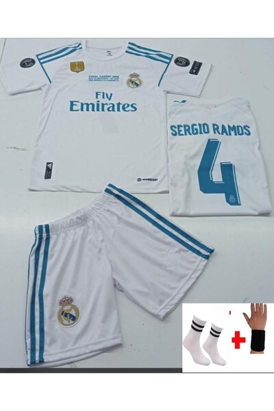 yenteks Sergio Ramos White R.Madrid 2018 Champions League 4 Piece Kids Jersey Kit