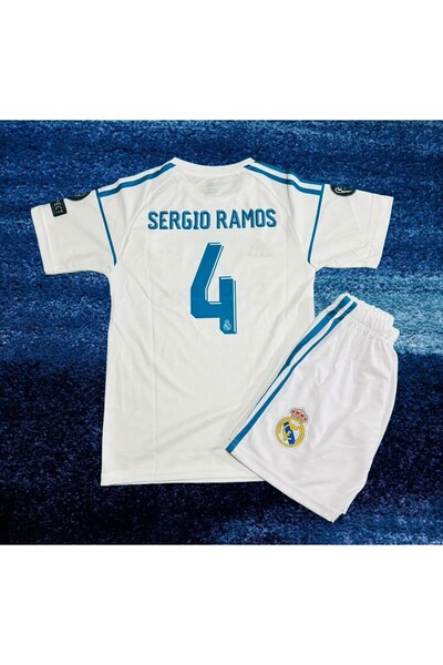 yenteks Sergio Ramos White R.Madrid 2018 Champions League 4 Piece Kids Jersey Kit