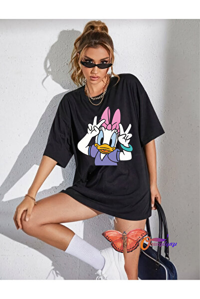 oneagılyazı تي شيرت قطني ممشط كبير الحجم مطبوع بتصميم بطة